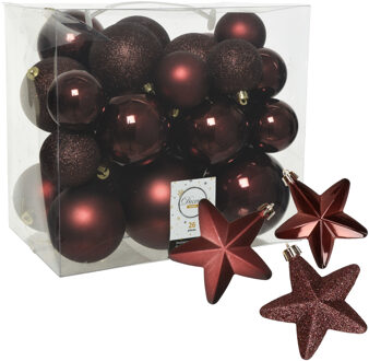 Decoris Pakket 32x stuks kunststof kerstballen en sterren ornamenten mahonie bruin