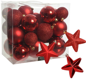 Decoris Pakket 32x stuks kunststof kerstballen en sterren ornamenten rood - Kerstbal