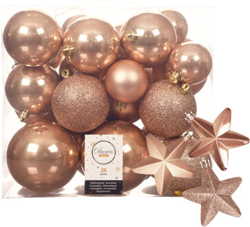 Decoris Pakket 32x stuks kunststof kerstballen en sterren ornamenten toffee bruin