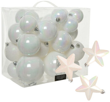Decoris Pakket 32x stuks kunststof kerstballen en sterren ornamenten wit parelmoer