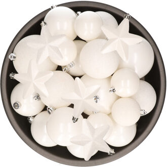 Decoris Pakket 32x stuks kunststof kerstballen en sterren ornamenten wit