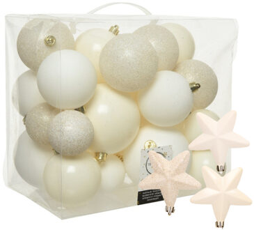 Decoris Pakket 32x stuks kunststof kerstballen en sterren ornamenten wol wit