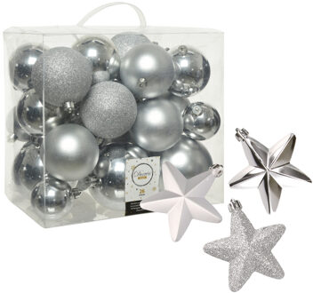 Decoris Pakket 32x stuks kunststof kerstballen en sterren ornamenten zilver
