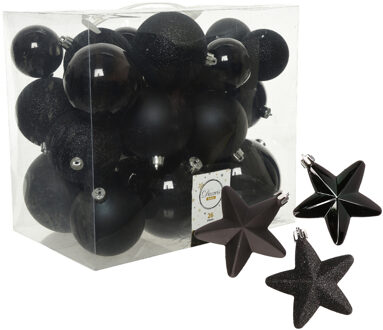 Decoris Pakket 32x stuks kunststof kerstballen en sterren ornamenten zwart