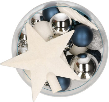 Decoris pakket 33x stuks kunststof kerstballen met ster piek blauw/wit/zilver