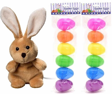 Decoris Pasen decoratie set van paashaas van 19 cm met 12x stuks gekleurde vulbare plastic paaseieren 8 cm