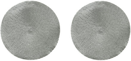 Decoris Placemat - 2x stuks - zilver - 38 cm - rond - glitter - kunststof - onderlegger - placemats
