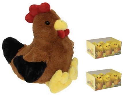 Decoris Pluche bruine kippen/hanen knuffel van 25 cm met 12x stuks mini kuikentjes 3,5 cm