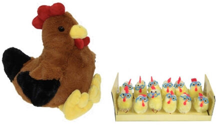 Decoris Pluche bruine kippen/hanen knuffel van 25 cm met 12x stuks mini kuikentjes met brilletje 4,5 cm