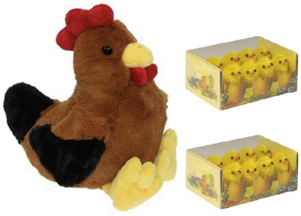 Decoris Pluche bruine kippen/hanen knuffel van 25 cm met 16x stuks mini kuikentjes 3 cm