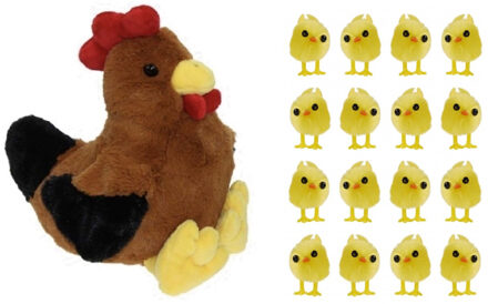 Decoris Pluche bruine kippen/hanen knuffel van 25 cm met 16x stuks mini kuikentjes 3 cm