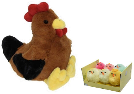 Decoris Pluche bruine kippen/hanen knuffel van 25 cm met 6x stuks mini gekleurde kuikentjes 4 cm