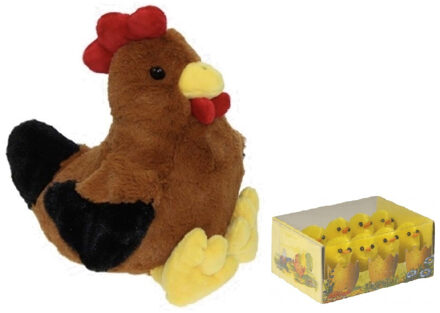 Decoris Pluche bruine kippen/hanen knuffel van 25 cm met 8x stuks mini kuikentjes 3 cm