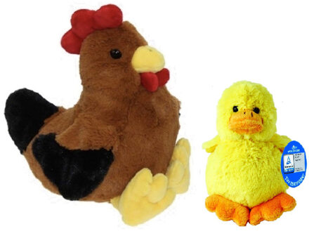 Decoris Pluche bruine kippen/hanen knuffel van 25 cm met geel pluche kuiken 16 cm