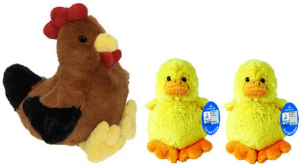 Decoris Pluche bruine kippen/hanen knuffel van 25 cm met twee gele pluche kuikens 16 cm
