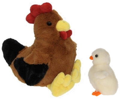 Decoris Pluche bruine kippen/hanen knuffel van 25 cm met wit pluche kuiken 12 cm