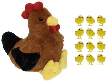 Decoris Pluche bruine kippen knuffel - 25 cm - met 12x stuks mini kuikentjes 3.5 cm - Paas/pasen decoratie