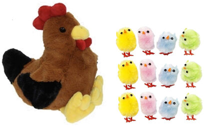 Decoris Pluche bruine kippen knuffel - 25 cm - met 12x stuks mini kuikentjes 3 cm - Paas/pasen decoratie