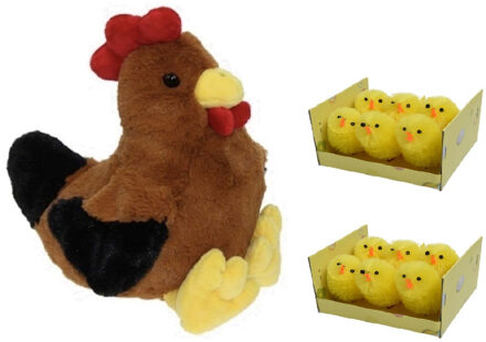Decoris Pluche bruine kippen knuffel - 25 cm - met 12x stuks mini kuikentjes 4 cm - Paas/pasen decoratie