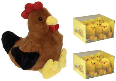 Decoris Pluche bruine kippen knuffel - 25 cm - met 12x stuks mini kuikentjes 5 cm - Paas/pasen decoratie