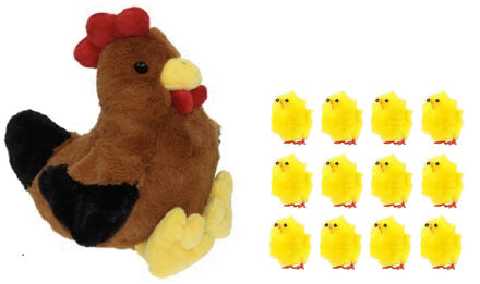 Decoris Pluche bruine kippen knuffel - 25 cm - met 12x stuks mini kuikentjes 5 cm - Paas/pasen decoratie
