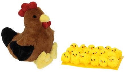 Decoris Pluche bruine kippen knuffel - 25 cm - met 18x stuks mini kuikentjes 3 cm - Paas/pasen decoratie