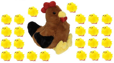 Decoris Pluche bruine kippen knuffel - 25 cm - met 24x stuks mini kuikentjes 3 cm - Paas/pasen decoratie