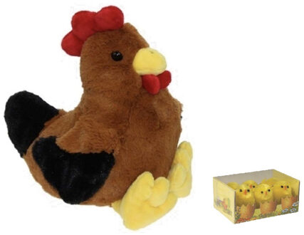 Decoris Pluche bruine kippen knuffel - 25 cm - met 6x stuks mini kuikentjes 3.5 cm - Paas/pasen decoratie