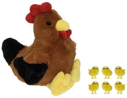 Decoris Pluche bruine kippen knuffel - 25 cm - met 6x stuks mini kuikentjes 3.5 cm - Paas/pasen decoratie
