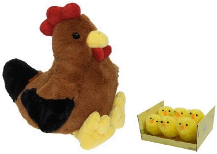 Decoris Pluche bruine kippen knuffel - 25 cm - met 6x stuks mini kuikentjes 4 cm - Paas/pasen decoratie