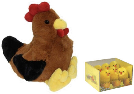 Decoris Pluche bruine kippen knuffel - 25 cm - met 6x stuks mini kuikentjes 5 cm - Paas/pasen decoratie
