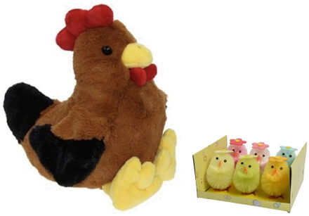 Decoris Pluche bruine kippen knuffel - 25 cm - met 6x stuks mini kuikentjes 6.5 cm - Paas/pasen decoratie