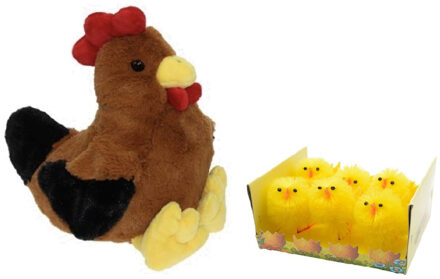 Decoris Pluche bruine kippen knuffel - 25 cm - met 6x stuks mini kuikentjes 6.5 cm - Paas/pasen decoratie
