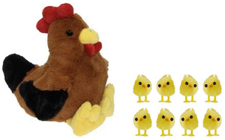 Decoris Pluche bruine kippen knuffel - 25 cm - met 8x stuks mini kuikentjes 3 cm - Paas/pasen decoratie