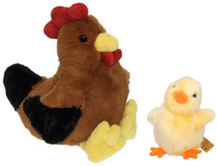 Decoris Pluche bruine kippen knuffel - 25 cm - met geel pluche kuiken 12 cm - Paas/pasen decoraties
