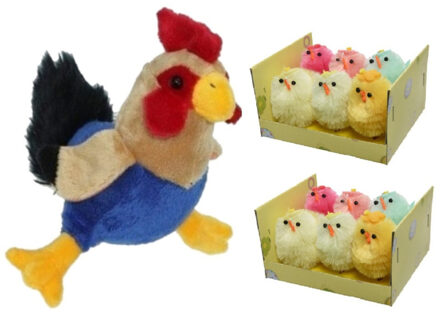 Decoris Pluche kippen/hanen knuffel van 20 cm met 12x stuks mini gekleurde kuikentjes 4 cm - Feestdecoratievoorwerp