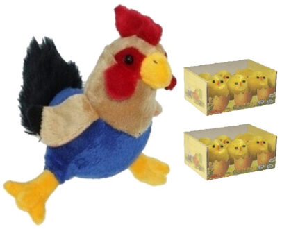 Decoris Pluche kippen/hanen knuffel van 20 cm met 12x stuks mini kuikentjes 3,5 cm