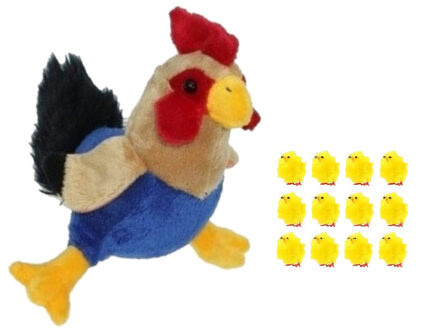 Decoris Pluche kippen/hanen knuffel van 20 cm met 12x stuks mini kuikentjes 3 cm - Feestdecoratievoorwerp