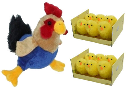 Decoris Pluche kippen/hanen knuffel van 20 cm met 12x stuks mini kuikentjes 4 cm - Feestdecoratievoorwerp