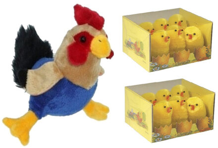 Decoris Pluche kippen/hanen knuffel van 20 cm met 12x stuks mini kuikentjes 5 cm - Feestdecoratievoorwerp