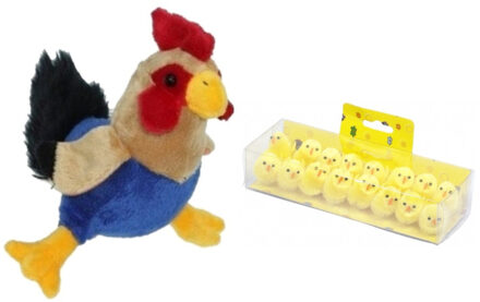 Decoris Pluche kippen/hanen knuffel van 20 cm met 16x stuks mini kuikentjes 3,5 cm - Feestdecoratievoorwerp