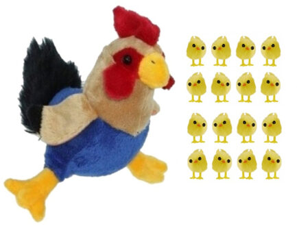 Decoris Pluche kippen/hanen knuffel van 20 cm met 16x stuks mini kuikentjes 3 cm - Feestdecoratievoorwerp