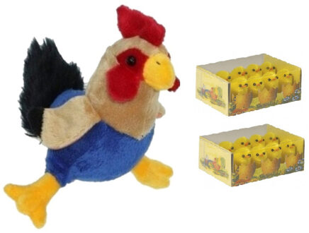 Decoris Pluche kippen/hanen knuffel van 20 cm met 16x stuks mini kuikentjes 3 cm