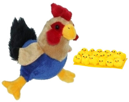 Decoris Pluche kippen/hanen knuffel van 20 cm met 18x stuks mini kuikentjes 3 cm - Feestdecoratievoorwerp