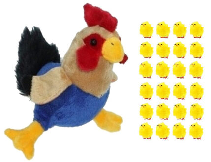 Decoris Pluche kippen/hanen knuffel van 20 cm met 24x stuks mini kuikentjes 3 cm - Feestdecoratievoorwerp