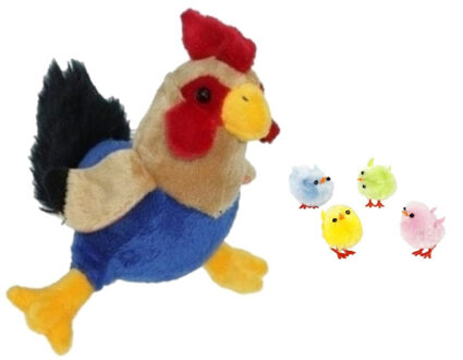 Decoris Pluche kippen/hanen knuffel van 20 cm met 4x stuks mini gekleurde kuikentjes 3 cm - Feestdecoratievoorwerp