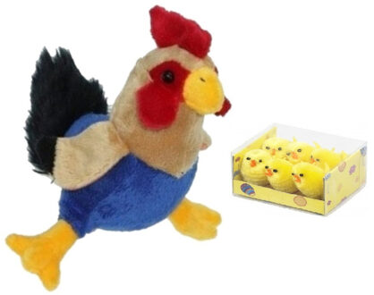 Decoris Pluche kippen/hanen knuffel van 20 cm met 6x stuks mini kuikentjes 3,5 cm