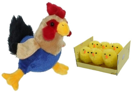 Decoris Pluche kippen/hanen knuffel van 20 cm met 6x stuks mini kuikentjes 4 cm - Feestdecoratievoorwerp