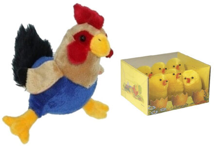Decoris Pluche kippen/hanen knuffel van 20 cm met 6x stuks mini kuikentjes 5 cm - Feestdecoratievoorwerp