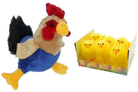 Decoris Pluche kippen/hanen knuffel van 20 cm met 6x stuks mini kuikentjes 6,5 cm - Feestdecoratievoorwerp